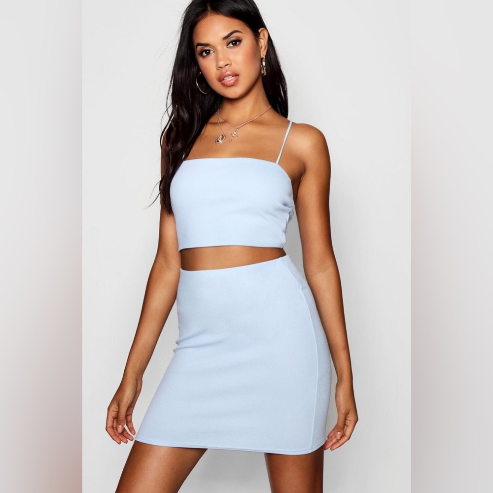 NWT Boohoo Strappy Crop Top & Mini Skirt Two-Piece Set Blue Size 6